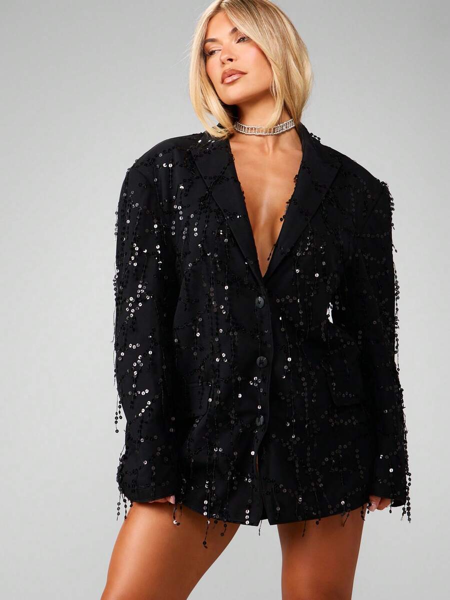 MISSGUIDED Blazer oversize con lentejuelas y flecos para eventos especiales y salidas nocturnas - Negro - Ver 1