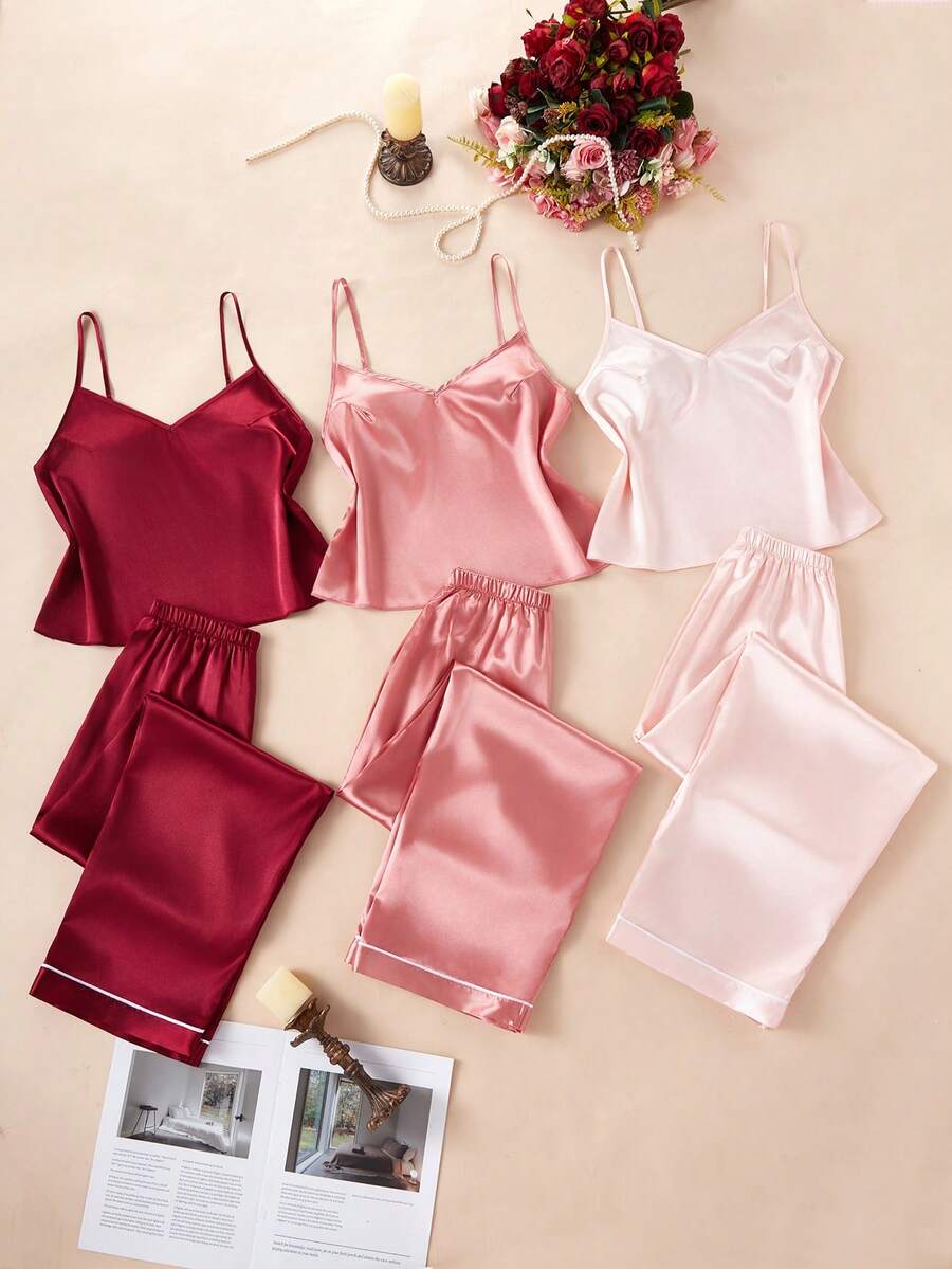 SHEIN 6pcs Solid Color Faux Silk Camisole & Pants Set - Multicolor - View 1
