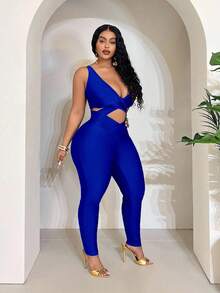 Maweii 大码女式纯色紧身交叉性感连体裤 - 藍色 - 查看 4