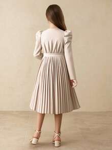 Tween Girls' Elegant Fashion Collared Puff Sleeve High Waist Solid Color Midi Pleated Dress, Khaki, Autumn - Apricot - View 2