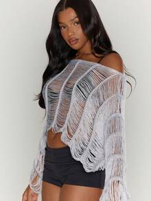 MUSERA 斜领破洞流苏串珠长袖上衣，西部乡村街头风，适合节日、优雅、Y2K、性感、可爱、90年代波西米亚风、中西部、晚宴和派对等场合。 - 灰色 - 查看 3