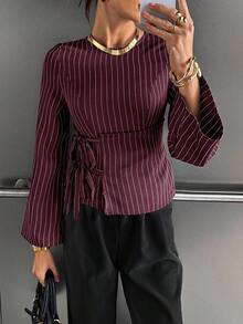 Siren Gaze Áo sơ mi nữ dáng ôm dáng đi làm có chi tiết thắt eo Áo sơ mi sọc cổ tròn tay dài dành cho nữ, thích hợp mặc đi làm và đi làm công sở Giáo viên nữ Mùa đông Giáng sinh Đỏ Năm mới Đỏ tía - Màu Đỏ Sâu - Xem 7