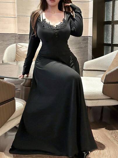 Vibekara Plus Size V-Neck Floral Lace Patchwork Long Sleeve Button Waist Pleated A-Line Elegant Vintage Casual Cute Modest Sexy Vacation Dress Luxury Dress For Women Long Bodycon Dress Long Black Elegant Dress Long Sleeve Elegant Dress Black Evening Gown Black Corset Dress