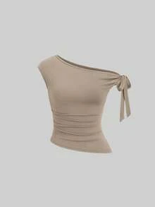 Conjunto de 3 camisetas casuales de mujer de unicolor con nudos retorcidos en los hombros - Multicolor 8 - Ver 3