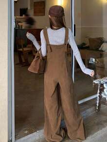 DAZY 女士宽松灯芯绒吊带阔腿裤，休闲优雅，秋冬 - 棕色 - 查看 2