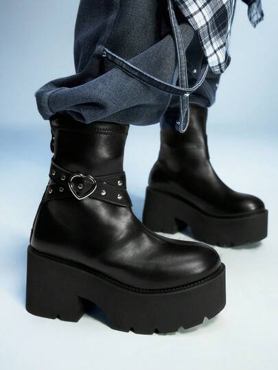 Sugerpunk Botas de tobillo con suela gruesa y estilo punk para mujer - Botas casuales, cómodas y fáciles de usar con remaches, doble hebilla cruzada y cremallera trasera en estilo gótico de verano