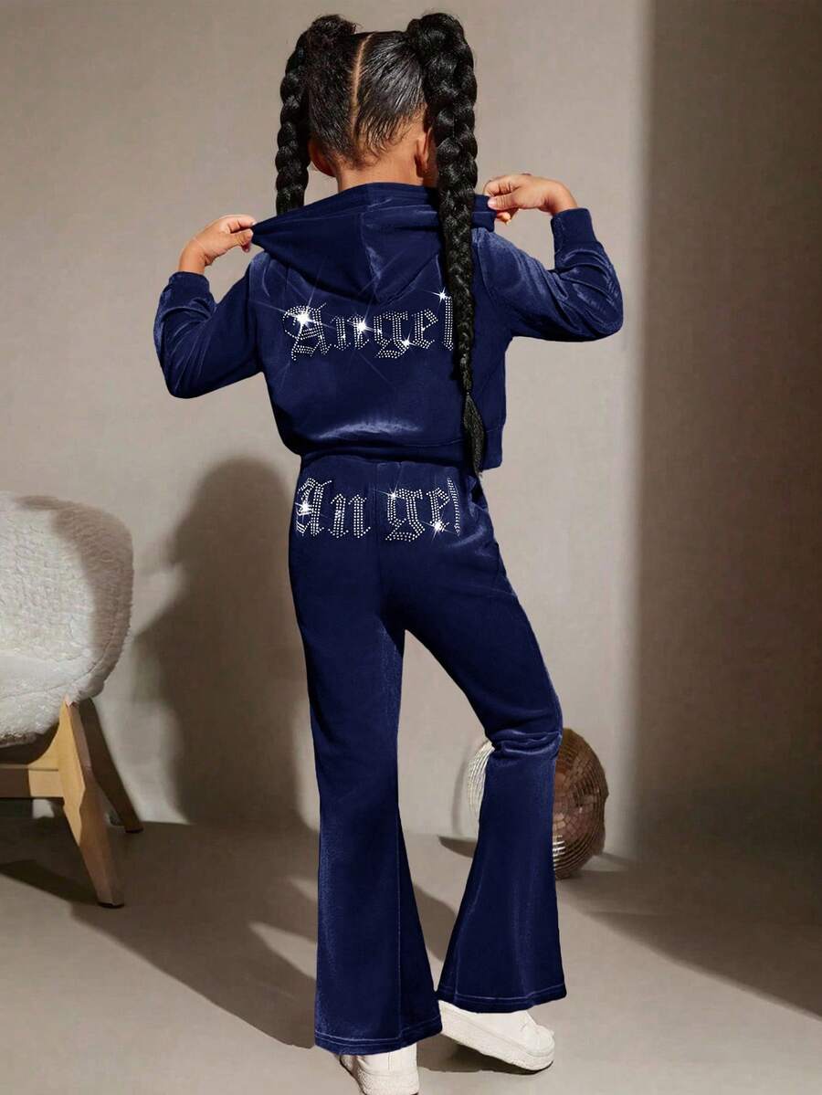 SHEIN Bộ đồ 2 món giản dị thanh lịch dành cho bé gái tuổi mới lớn, áo hoodie nhung đính đá Rhinestone có khóa kéo và quần ống loe ôm - Màu xanh hải quân - Xem 1