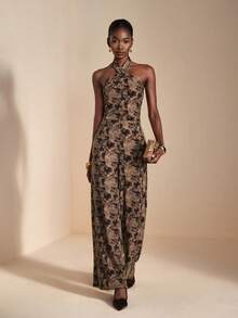 JIAN LASALA Tie-Dyed Rib Knit Halter Cross Neck Tie Backless Flared-Leg Jumpsuit Women Autumn Winter Luxury Stylish Clothing Collection Elegant Graphic Jumpsuit - Multicolor - View 5