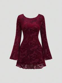 Sweetra Floral Print Flounce Sleeve Lace Dress, Christmas