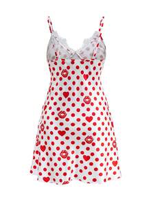 Betty Boop x SHEIN 女式复古优雅卡通人物与波尔卡圆点印花撞色蕾丝吊带睡袍，夏季 - 白色 - 查看 2