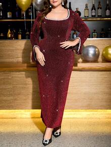 Reflora Plus Size Elegant Long Sleeve Sequin Embellished Dress - Red - View 7