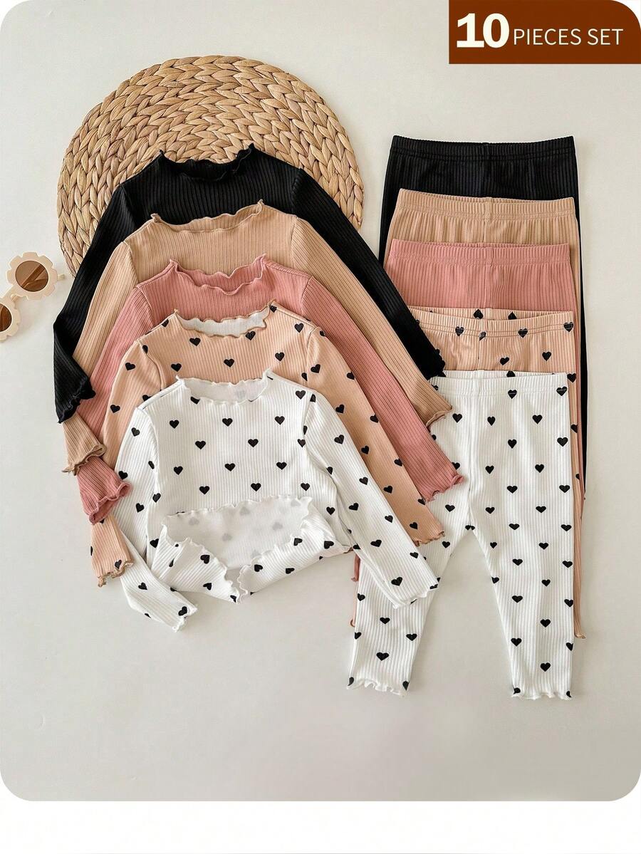 新生女婴休闲针织圆点长袖上衣和松紧腰裤套装 - 彩色 - 查看 1