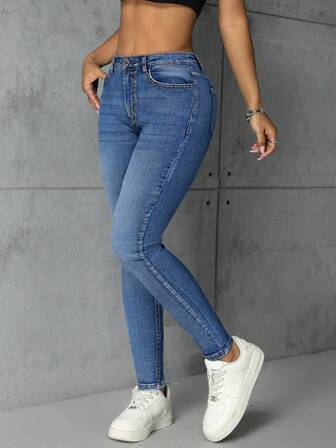 SHEIN Essnce Casual Mid-Waist Skinny Washed Blue Denim Jeans Y2k
