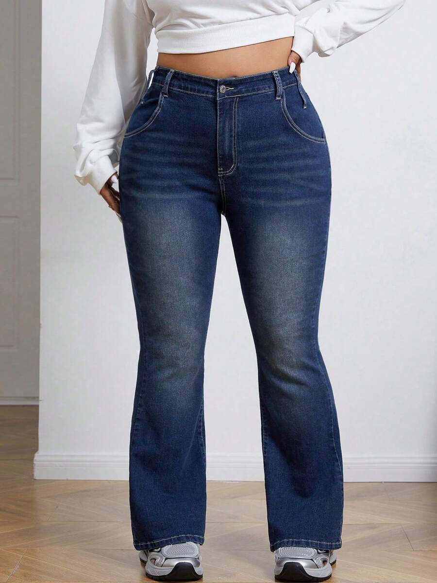 SHEIN ICON Quần Jeans Ống Loe Co Giãn Ôm Sát Cỡ Lớn - Rửa tối - Xem 1