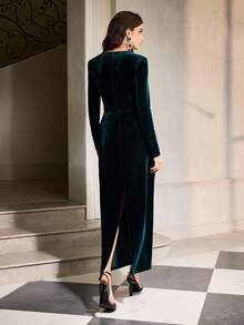 ZEYLAH Đầm Maxi thêu hạt cườm thanh lịch cổ tròn tay dài cho nữ, mùa thu/đông - Màu xanh lá cây đậm - Xem 4