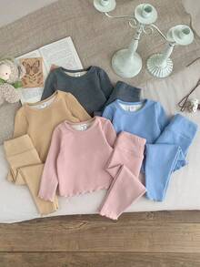 SHEIN 8 Stücke/Set Baby Mädchen Süß Lässig einfarbig Gestricktes Langarm Top und Hose Set, Herbst/Winter