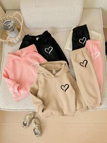 6pcs/Set Baby Girl Cute Solid Color Heart Pattern Hoodie Sweatshirt & Elastic Waist Pants, Autumn/Winter Fall - Multicolor - View 6