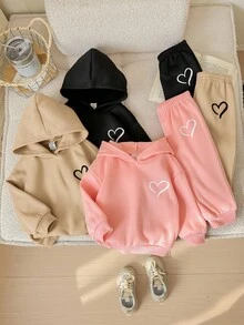 6pcs/Set Baby Girl Cute Solid Color Heart Pattern Hoodie Sweatshirt & Elastic Waist Pants, Autumn/Winter Fall - Multicolor - View 8