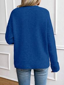 SHEIN LUNE Suéter holgado de cuello redondo con hombros caídos y puños acanalados para mujer - azul real - Ver 2