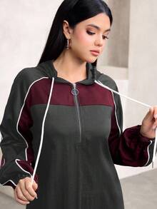 Al Najma 秋冬连帽拼色喇叭优雅时尚卫衣连衣裙 - 灰色 - 查看 5