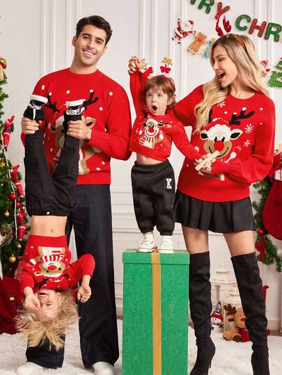 SHEIN 4 piezas de Conjunto a Juego de Navidad Familiar - Mamá e Hija: Gorro de Navidad casual y lindo para niño pequeño, niña pequeña, Reno, Suéter de Navidad rojo de cuello redondo, Adecuado para otoño/invierno, hogar, salidas, fiesta de Navidad