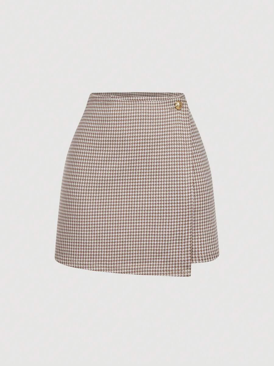 SHEIN MOD Váy ngắn chữ A kẻ caro kaki, váy dự tiệc cho nữ, năm mới, ngày lễ, váy ngắn họa tiết răng sói - Màu Khaki - Xem 1