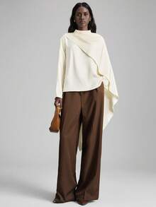 Ontre 2026春夏女士米色和浅杏色缎纹斜纹面料肩部褶皱不对称披肩装饰设计宽松立领长袖百搭休闲商务连衣裙，优雅都市通勤高品质机场时尚 - 白色 - 查看 4