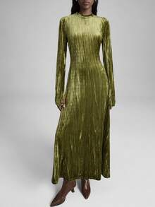 Ontre 2026 Women's Olive Green Pleated Velvet Long Sleeve Dress,Autumn Elegant Dining Outfit,Stand Collar Cinched Waist Flared Hem High-End Business Attire - Dark Green - View 6