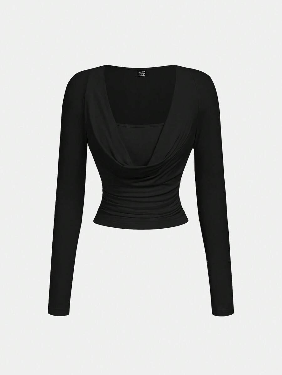 SHEIN MOD Casual Versatile Scoop Neck Ruched Slim Fit Black Long Sleeve T-Shirt,Fall,Fall Clothes For Women - Black - View 1