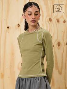 COUREZ Long Sleeve Top With Contrasting Seams And Buckle Details /Y2K Going Out Outfits Winter Clothes Fall Clothes For Women Winter Clothes For Women Going Out Tops