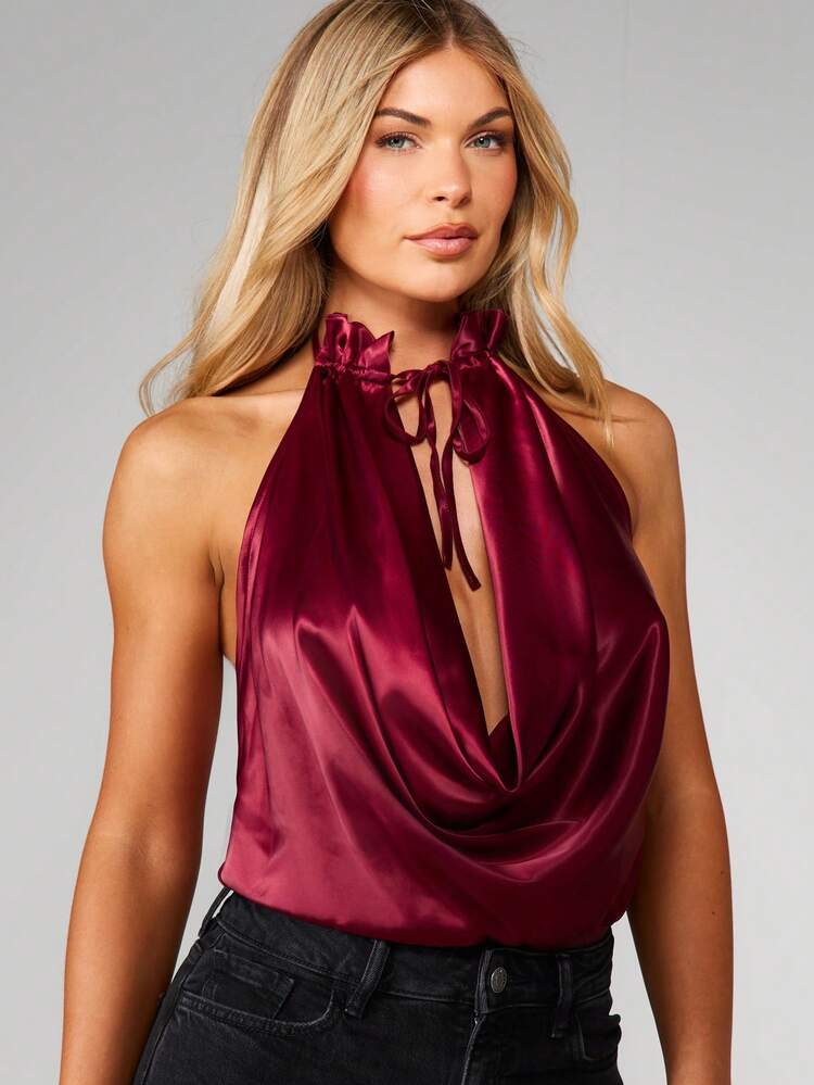 MISSGUIDED Satin Cowl Neck Halter Bodysuit With Tie Detail Ruched Front Design
