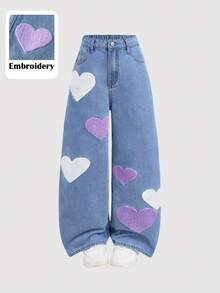 Girlism Tween Girl Comfortable Cute Colorful Heart Towel Embroidery Pattern Blue Denim Loose Fit Pants Fall Winter,For Fall/Winter Dailywear Outfits, Streetwear,Halloween And Christmas, Winter Jeans,Jeans,Winter,Butterfly Jeans,Wide Leg Jeans,Baggy Jeans,Jean Pants,Wide Leg Jeans - Medium Wash - View 2