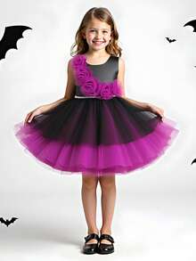Váy công chúa phồng vải tuyn lưới hoa 3D màu đen và tím cho bé gái mặc Halloween, trang phục dự tiệc ngày lễ, Giáng sinh, tiệc sinh nhật - màu đen - Xem 6