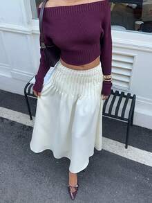 Siren Gaze Women's Elegant Textured Pleated A-Line Skirt, Minimalist Solid Color Winter White