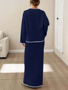 EURMUSE Women Stitch Detailed Round Neck Drop Shoulder Pullover & Sweater Skirt Set - Navy Blue - View 2