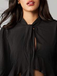 MISSGUIDED Ruffle Curved Hem Blouse Long Balloon Sleeve Tie Neck Office Professional Top
