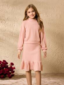 2pcs/Set Tween Girls Long Sleeve Top And Skirt Co-Ord Set