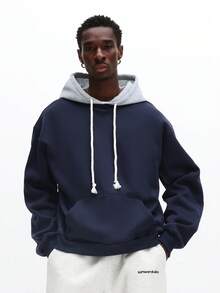 SUMWON Color Block Pullover Hoodie With Contrast Grey Hood And Drawstring Pockets Long Sleeve Casual Streetwear Winter Plain - Blue - View 5