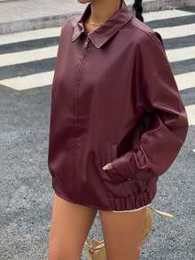 SHEIN EZwear Drop Shoulder Zip Up PU Cropped Leather Jacket In Fall/Winter