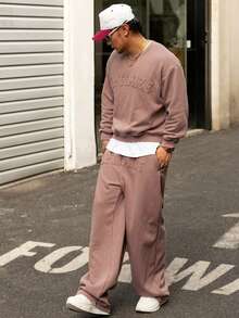 DAZY 男士字母刺绣保暖套头卫衣裤套装，秋冬季舒适保暖套装 - 棕色 - 查看 6