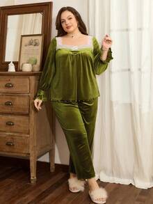Côtesoire Plus Size French Avocado Velvet Ruched Contrast Lace Long Sleeve Top & Pants Pajama Set,Elegant Olive Green Autumn Night Wear Sleepwear - Olive Green - View 5