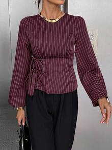 Siren Gaze Áo sơ mi nữ dáng ôm dáng đi làm có chi tiết thắt eo Áo sơ mi sọc cổ tròn tay dài dành cho nữ, thích hợp mặc đi làm và đi làm công sở Giáo viên nữ Mùa đông Giáng sinh Đỏ Năm mới Đỏ tía - Màu Đỏ Sâu - Xem 9