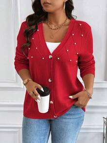 Vionelle Plus Size Women Long Sleeve Single-Breasted Partial Bubble Pearl Rhombus Texture Cardigan Red Blazer Women Red Cardigan Women Women Cardigan Women Blouses Long Sleeve Red Blouse Women Plus - Red - View 4