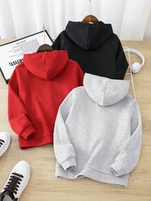 3 件套青少年男童休闲字母印花连帽长袖针织运动衫，黑色、灰色、红色，适合秋冬季 - 紅色 - 查看 2