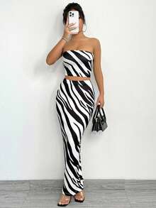 SHEIN SXY 2pcs Women Summer Fashionable Zebra Print Tube Top And Bodycon Skirt Set - Black and White - View 1