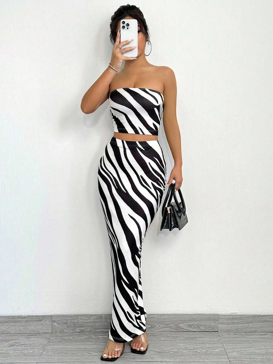 SHEIN SXY 2pcs Women Summer Fashionable Zebra Print Tube Top And Bodycon Skirt Set - Black and White - View 1