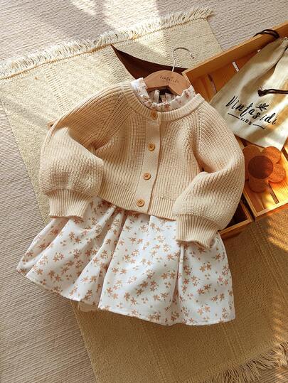 Vintaside Kids 2 件套女婴碎花毛衣夹克和连衣裙套装，春秋