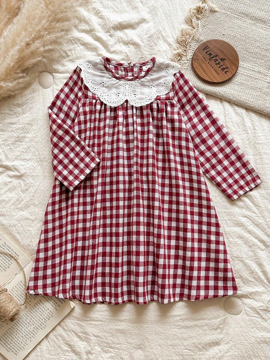 Vintaside Kids Váy kẻ caro cho bé gái, phong cách đồng quê, thanh lịch, tay dài, vải lanh cotton, thích hợp cho mùa chuyển mùa xuân và thu - Đỏ - Xem 1