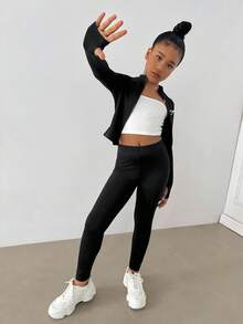 SHEIN Bộ đồ thể thao dệt kim cổ bẻ màu đen cho bé gái tuổi teen kèm quần legging, bộ đồ thể thao, bộ đồ thể thao thường ngày, bộ đồ chạy bộ - màu đen - Xem 5