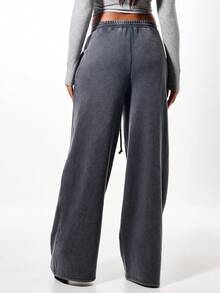 SUMWON WOMEN Oversized Skeleton Applique Wide Leg Joggers With Raw Edge Washed Cotton Blend Drawstring Sweatpants For Casual Fall Winter Loungewear - Dark Grey - View 2